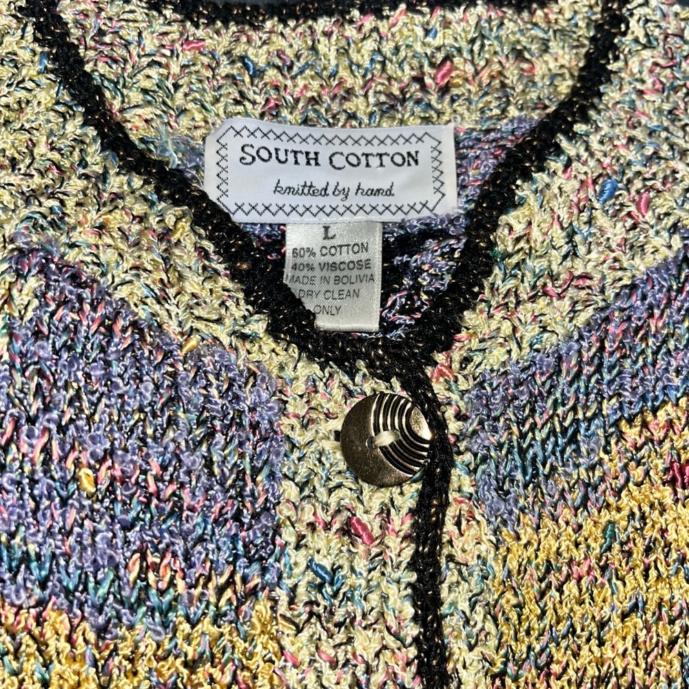 Vintage 90’s South Cotton Hand Knit Cardigan Sweater Heavy Multi Color Knit - Picture 11 of 12